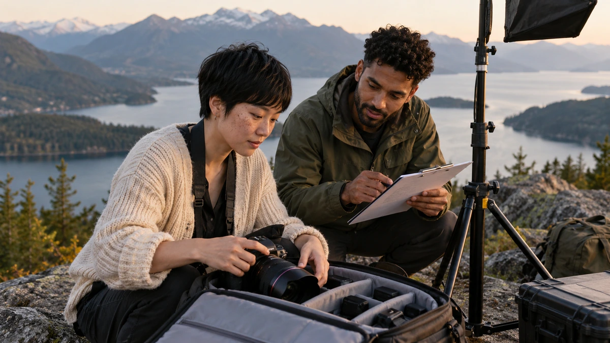 Deux cinéastes repèrent le cadre et le point de vue devant un paysage de montagne.