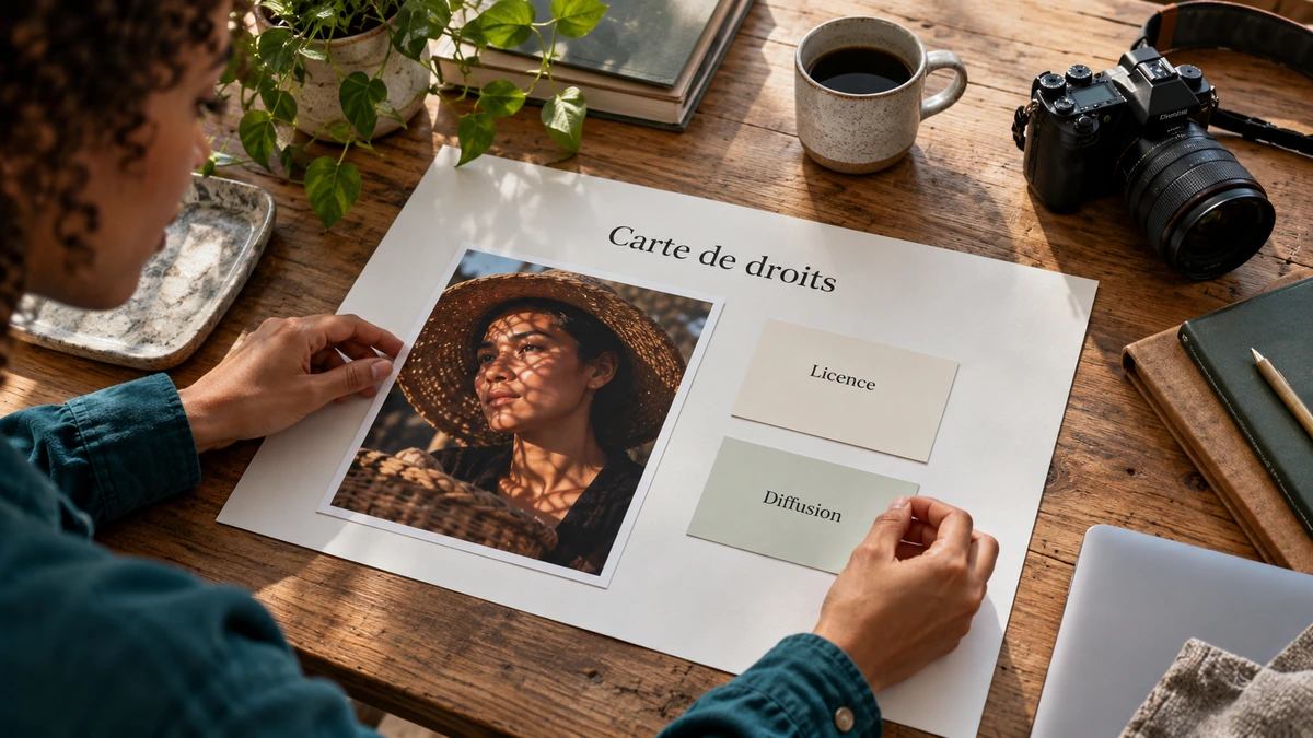 Des mains rapprochent un portrait et une fiche organisant les droits à vérifier.
