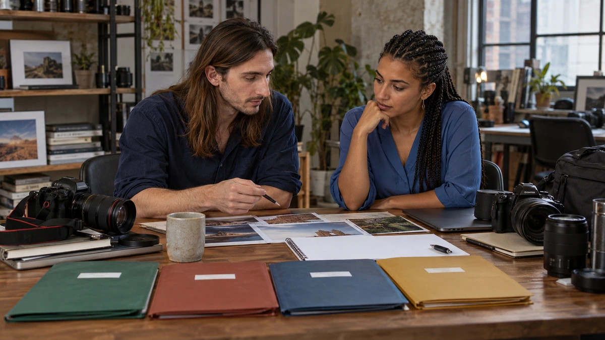 Deux photographes comparent des documents et des images avant un choix professionnel.