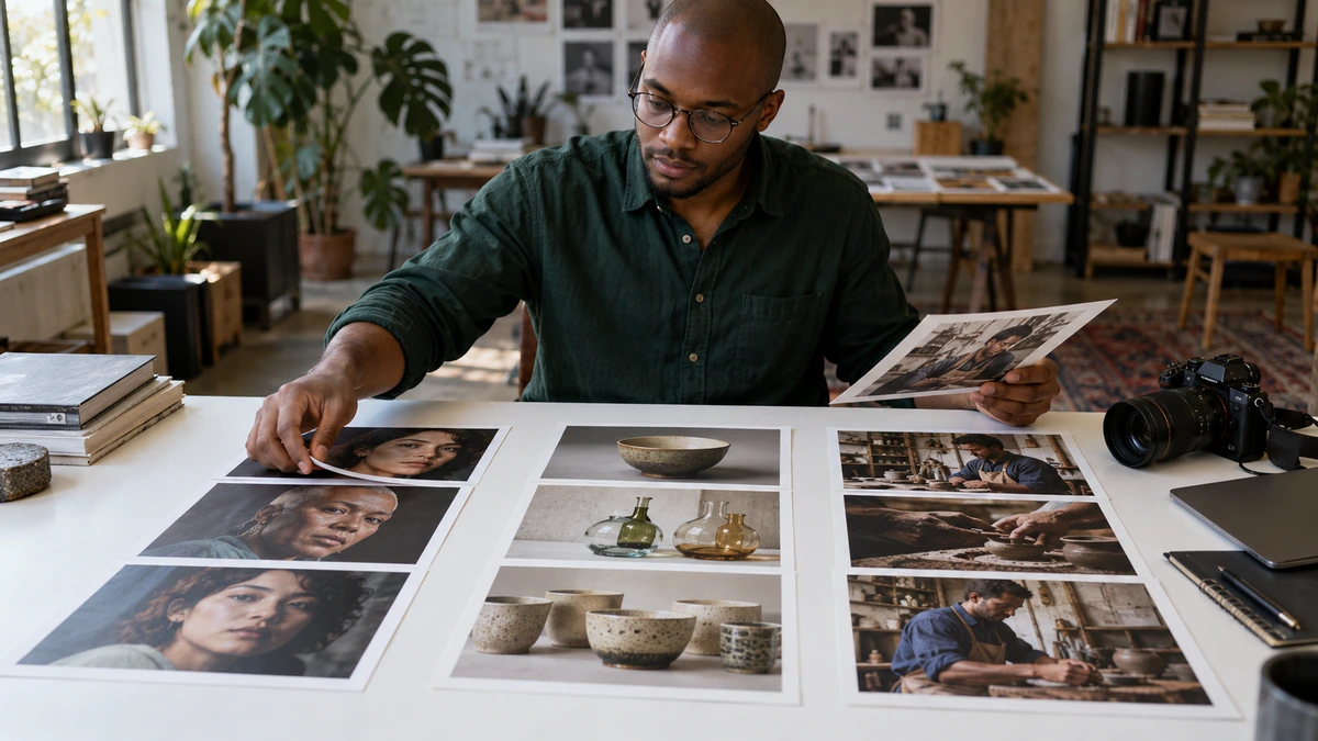Une personne sélectionne des photographies pour composer un portfolio.
