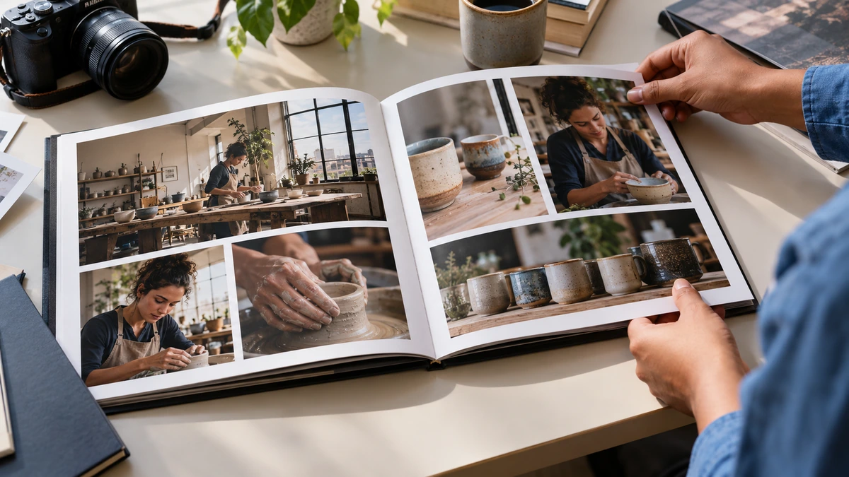 Un portfolio photographique présente plusieurs vues d’un atelier.