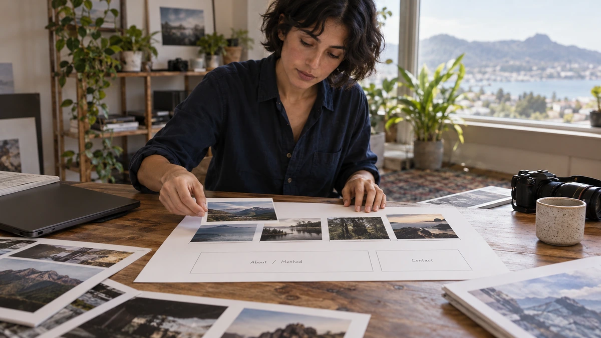 Une photographe prépare une présentation à partir d’images et de notes.