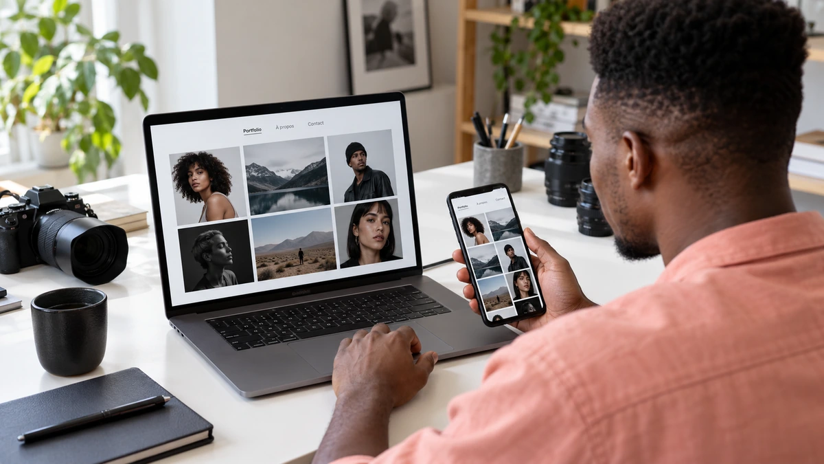 Un photographe organise son portfolio sur un écran et un téléphone.