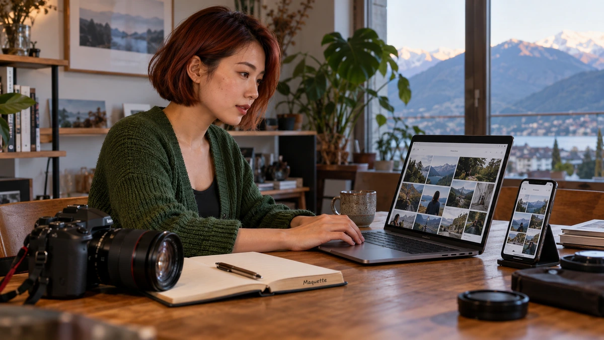 Une photographe examine une présentation de ses images sur un ordinateur.