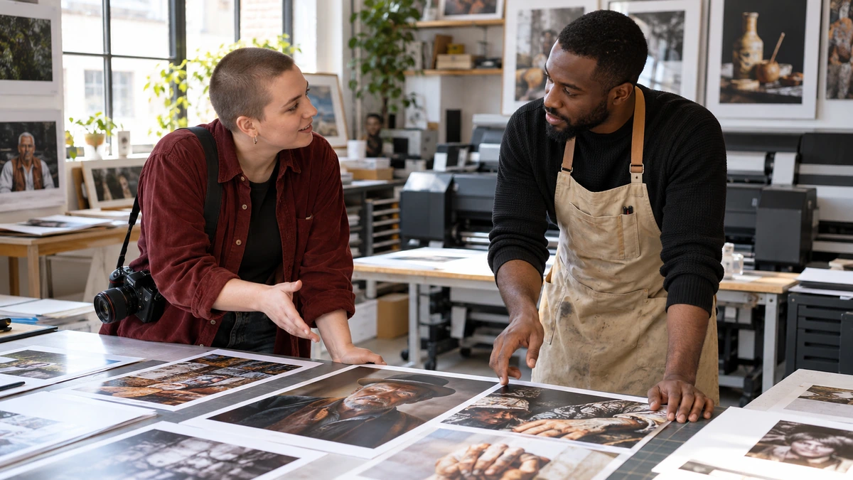 Une photographe échange avec un artisan à propos de ses images.