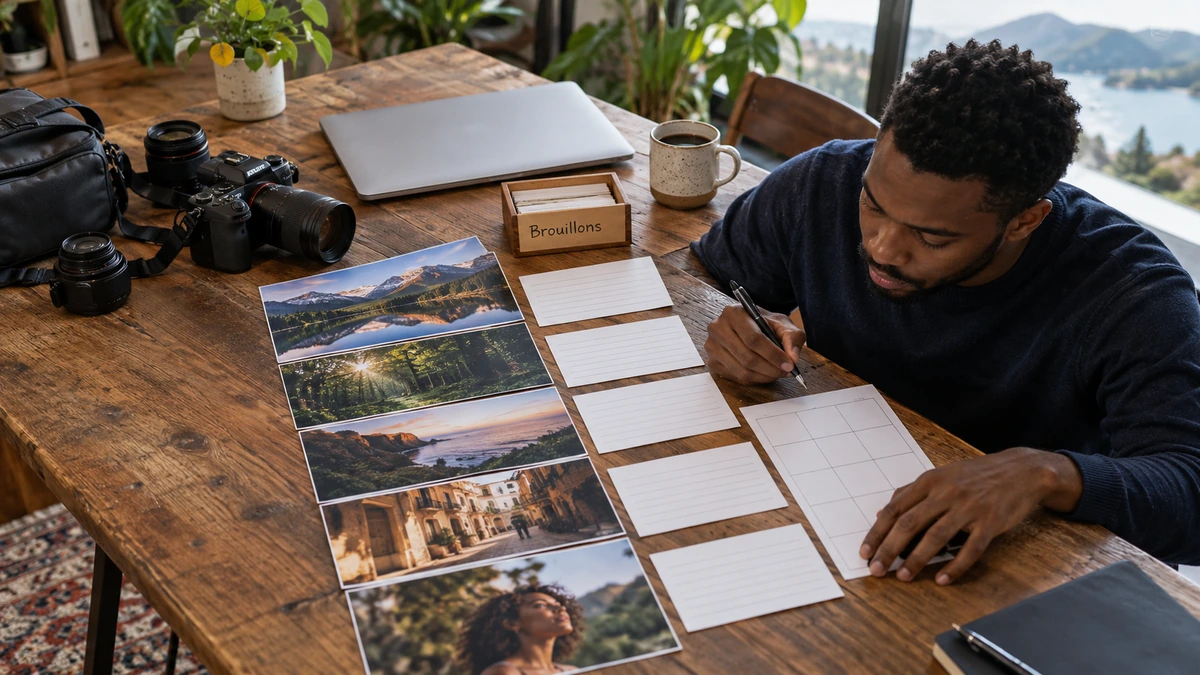 Un photographe compare des tirages de paysages et ses notes de travail.