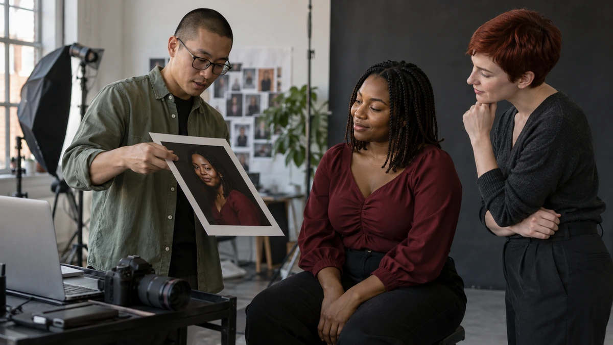 Un photographe et deux personnes comparent une série de portraits.