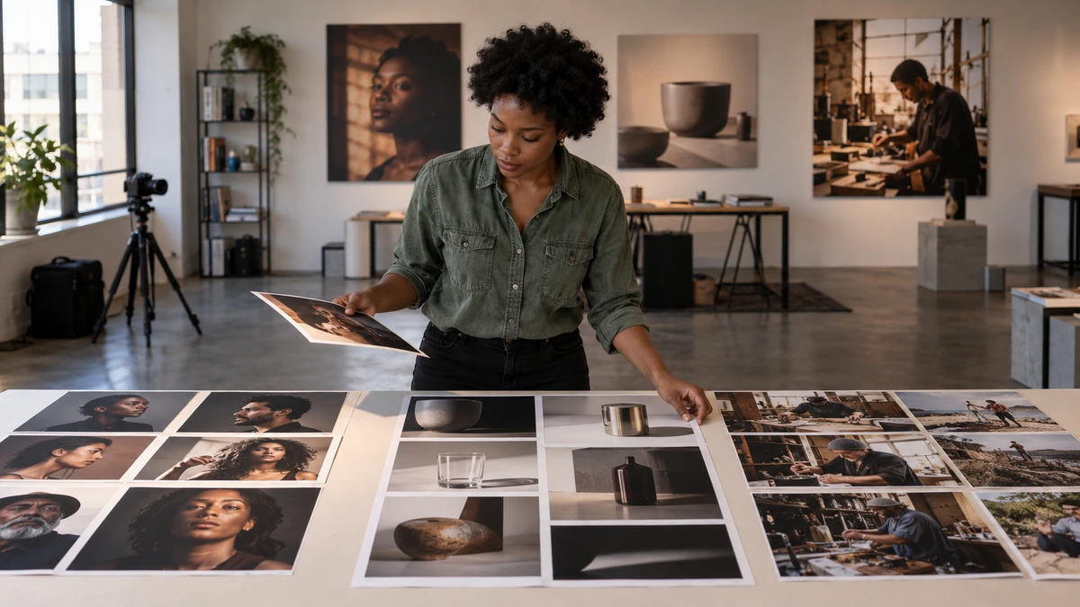 Une photographe organise plusieurs séries de photographies imprimées.
