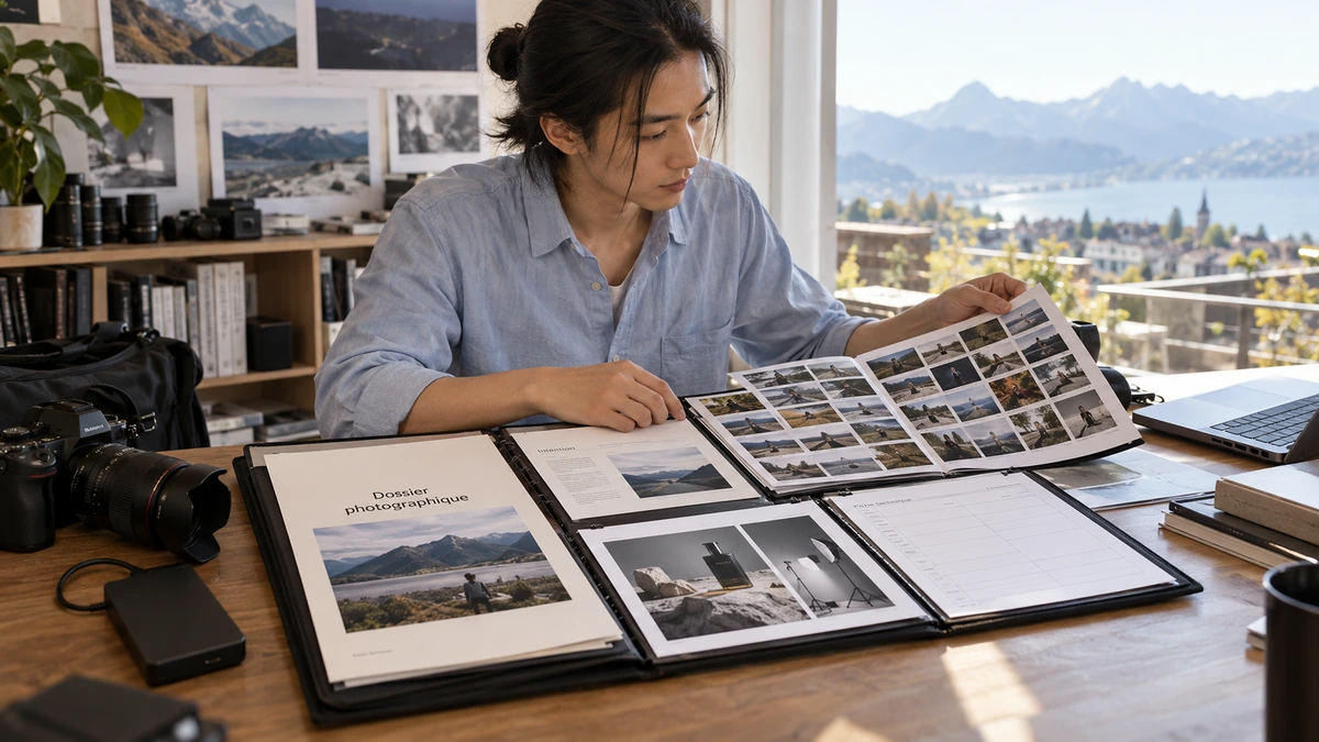 Une photographe prépare son dossier de séries photographiques.