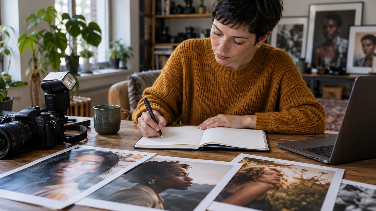 Une photographe prépare ses prochaines étapes à partir de ses notes.