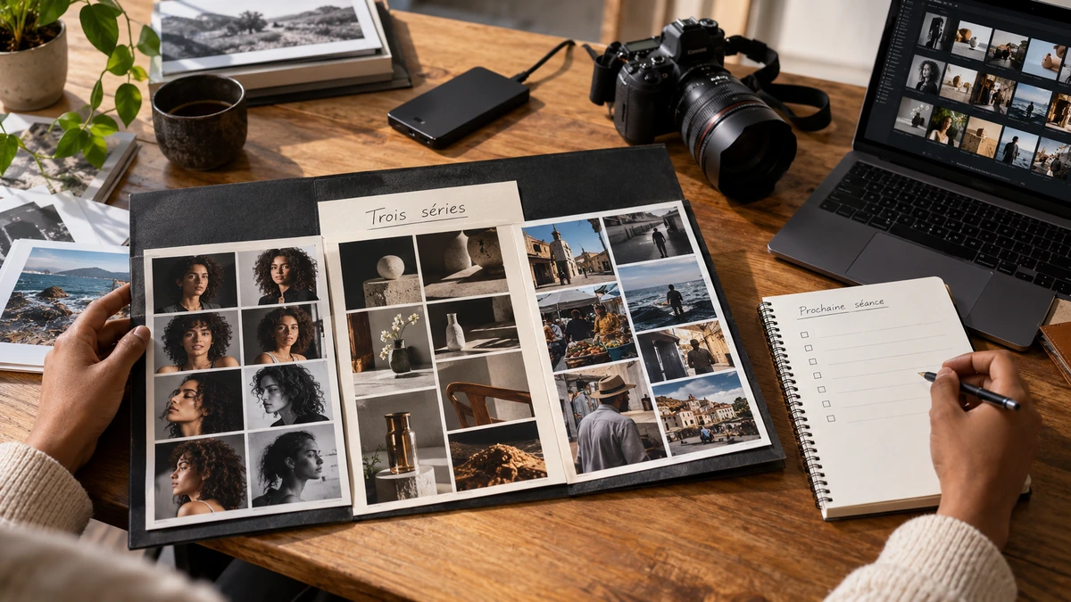 Des planches de photographies sont comparées près d’un appareil et d’un carnet.