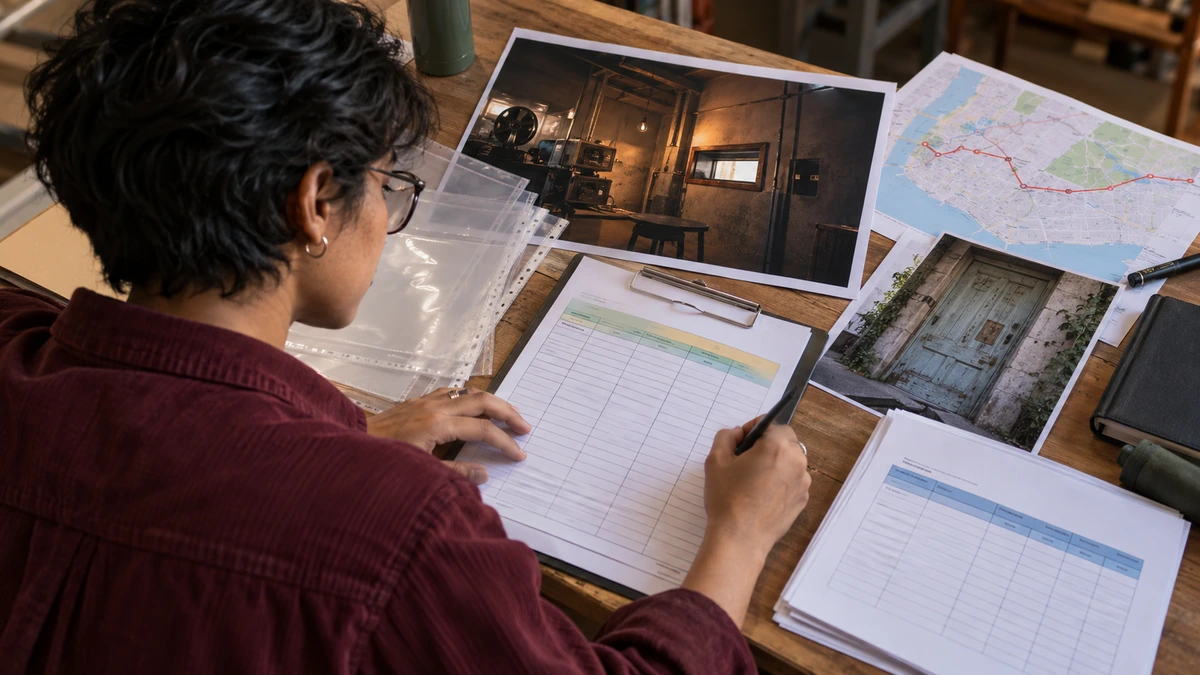 Une personne renseigne des hypothèses et des informations de lieux sur une table.