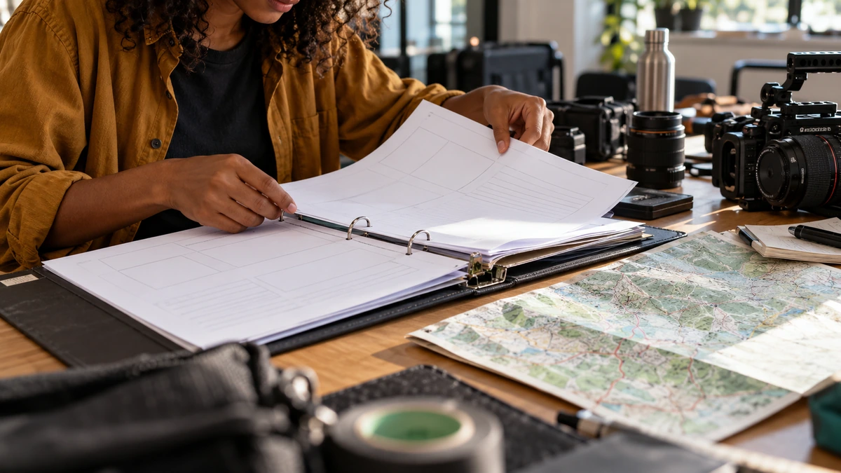 Une personne rapproche un classeur de projet, des images et une carte.