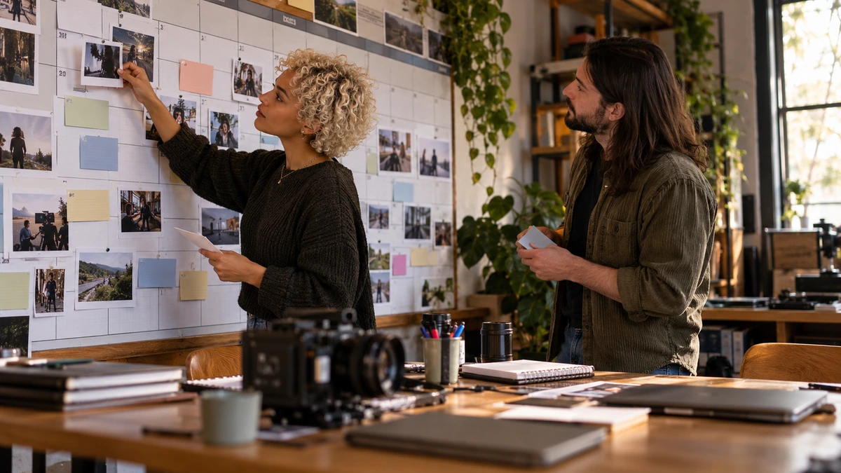Deux personnes relient des choix de décor aux tâches inscrites sur un tableau.
