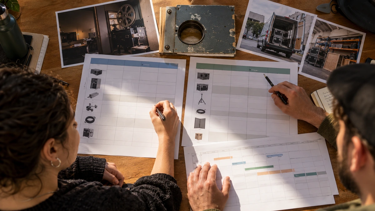 Des personnes rapprochent planning et conditions de prestations sur une table.