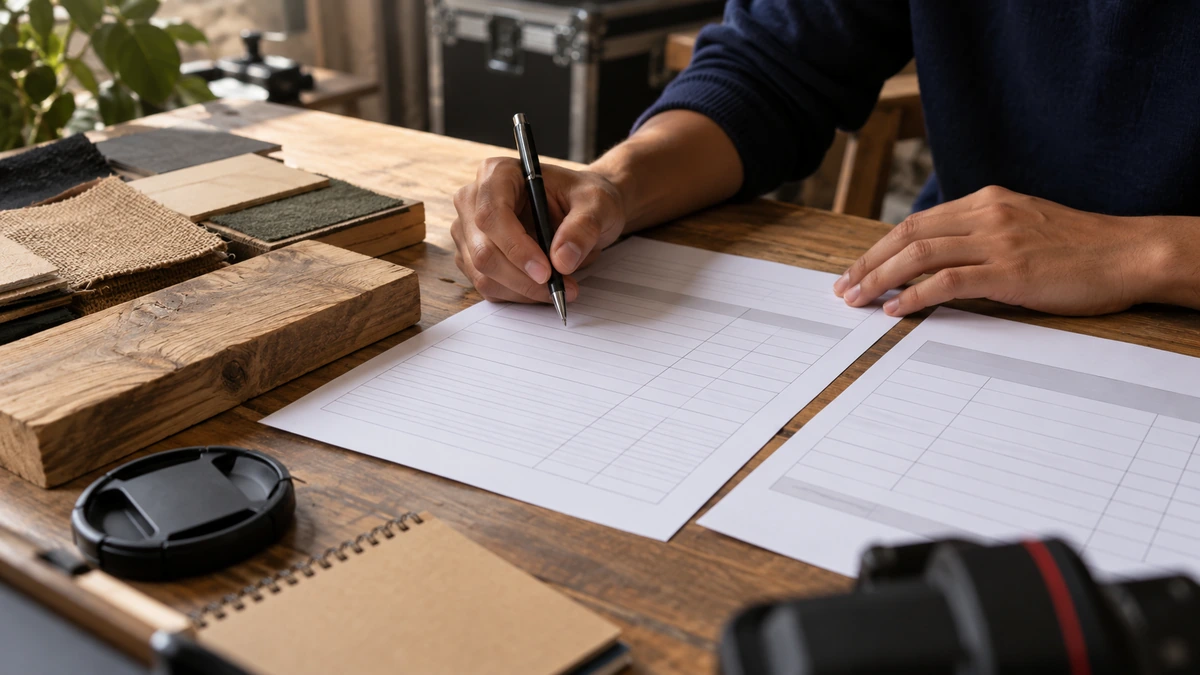 Des mains complètent un comparatif à côté d’échantillons de matériaux.