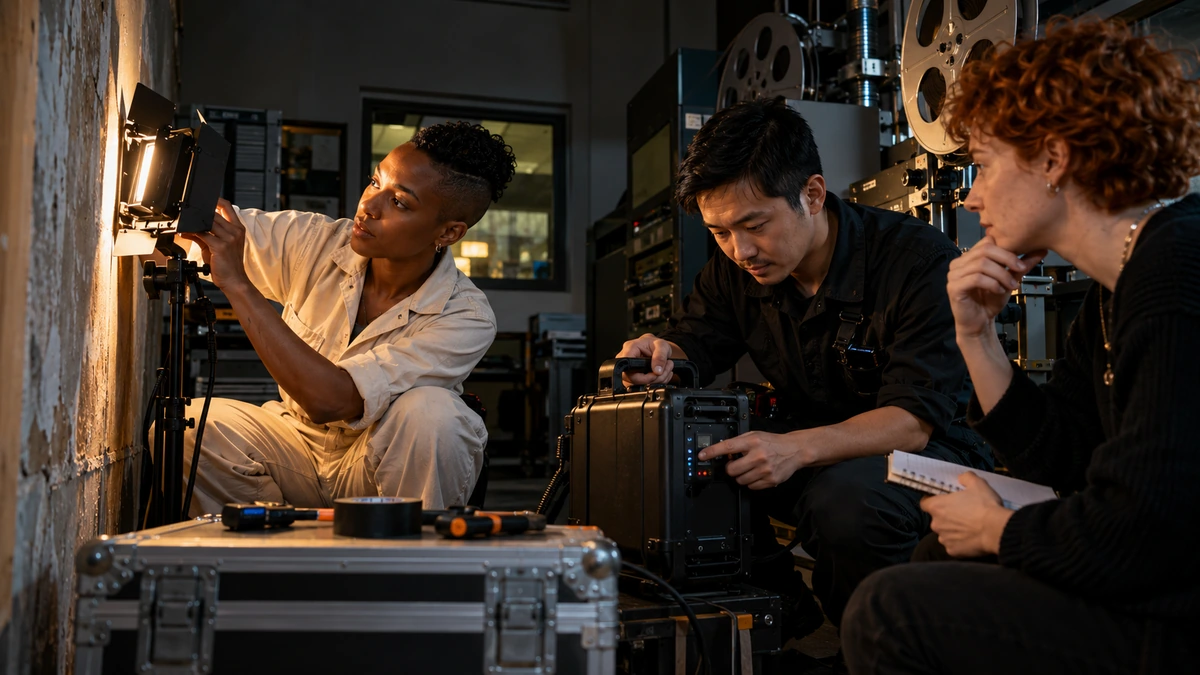 Trois personnes discutent des conditions techniques d’une installation de tournage.