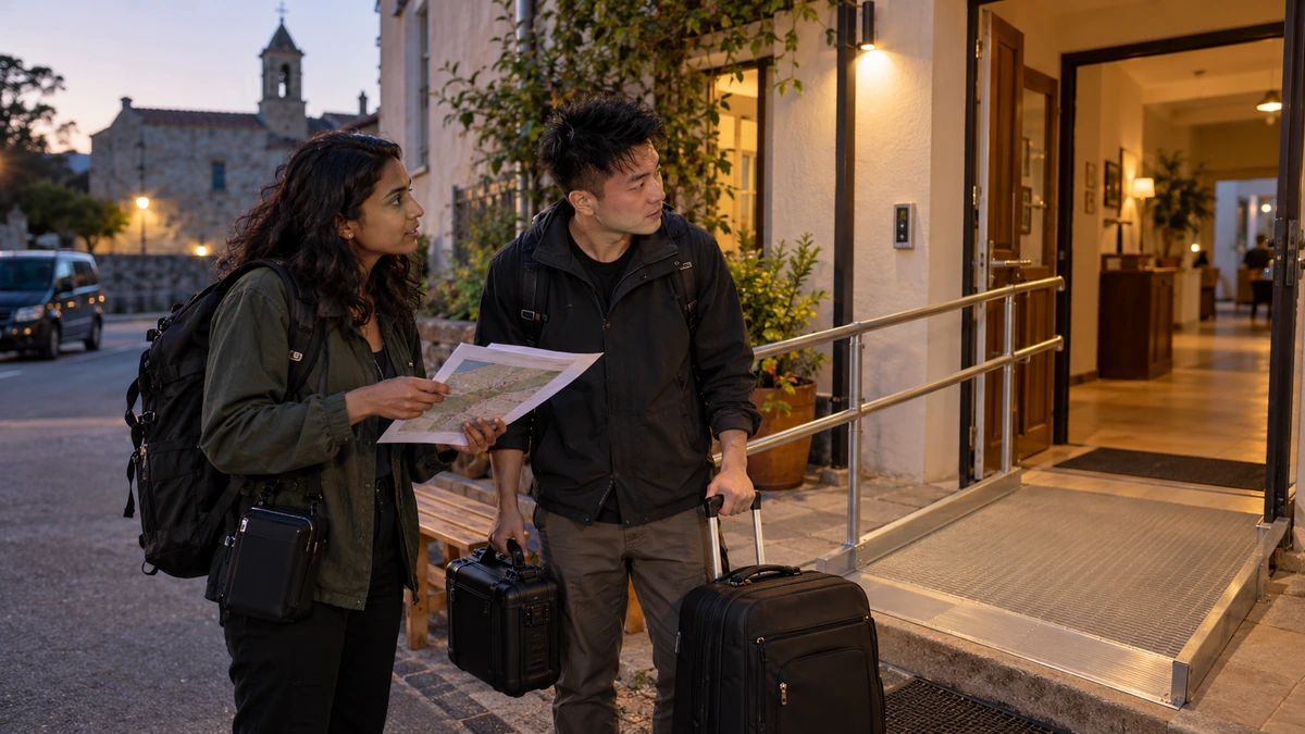 Deux personnes examinent l’accès d’un hébergement avec des bagages et une fiche.