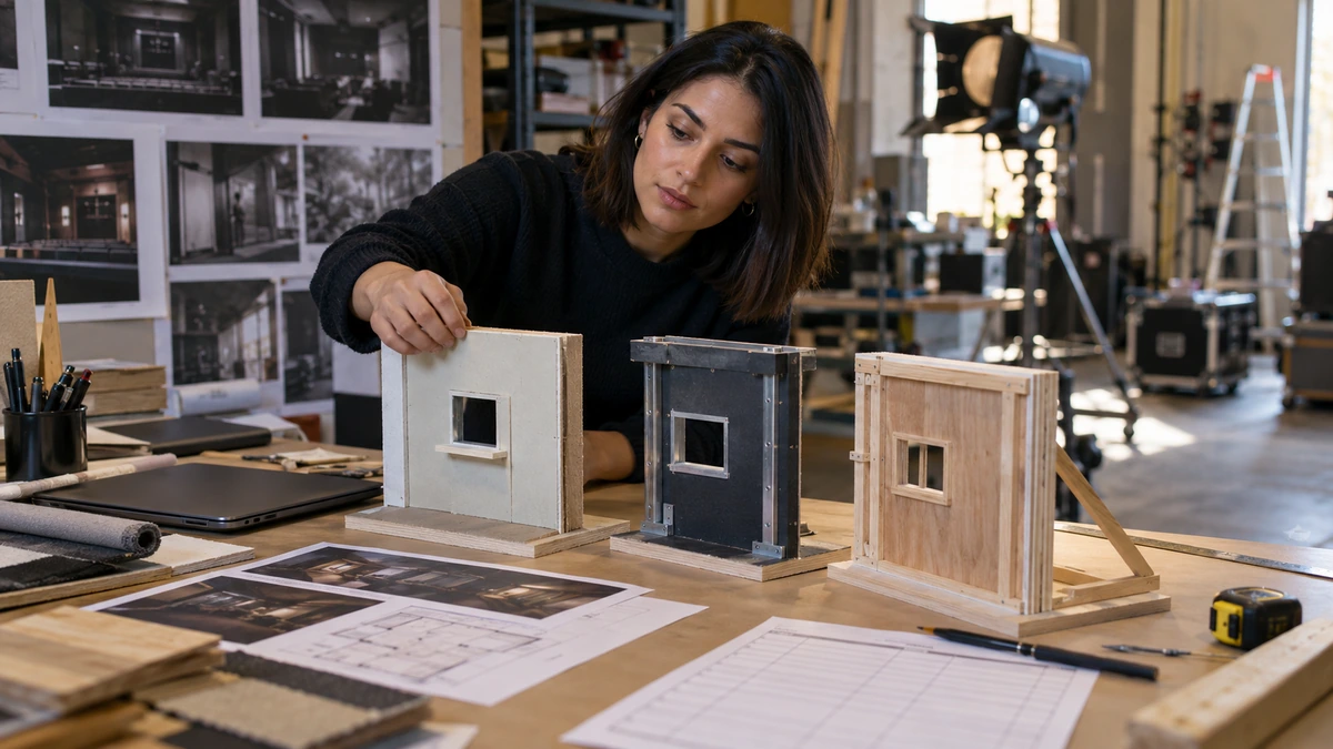Une personne teste des assemblages de décor sur une table.