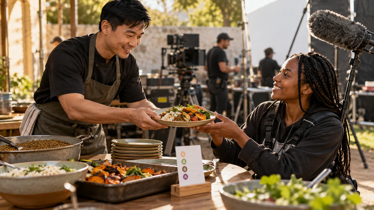 Une personne sert un repas à une participante sur un lieu de tournage.