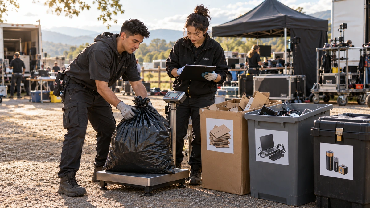Deux personnes vérifient la collecte de déchets près de bacs identifiés.