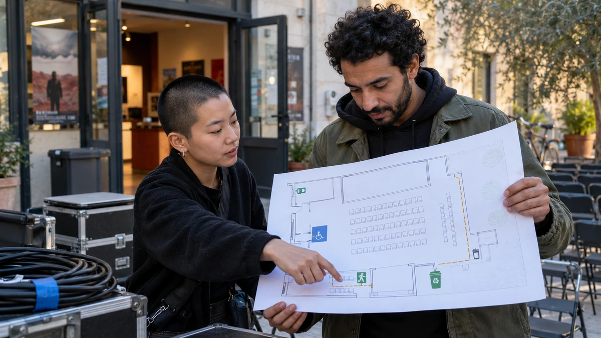 Deux personnes comparent un plan et leur fiche de lieu.