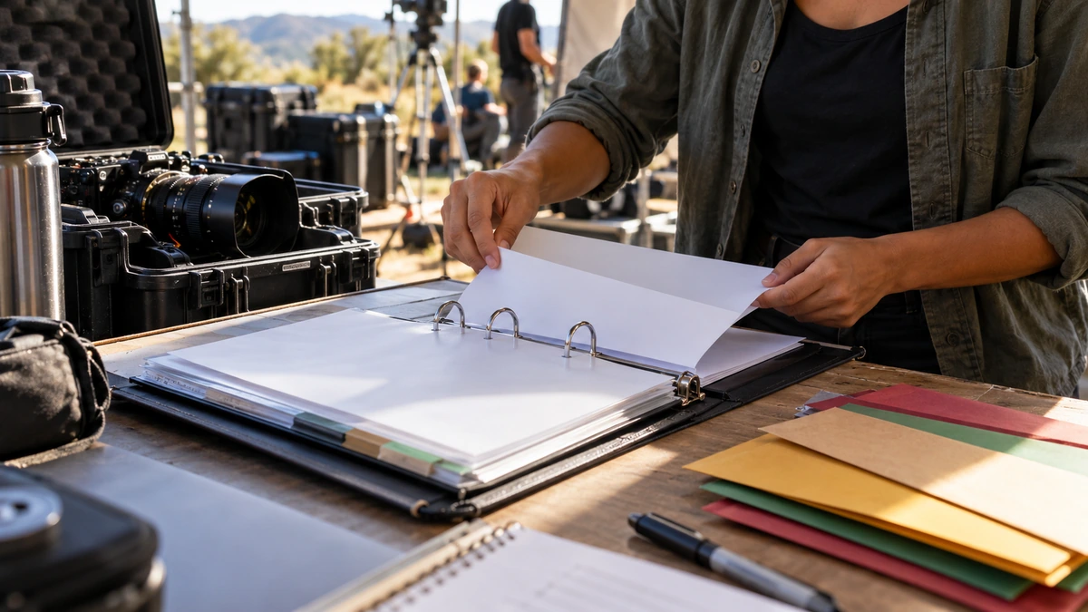 Une personne classe des justificatifs dans un dossier près des équipements de tournage.