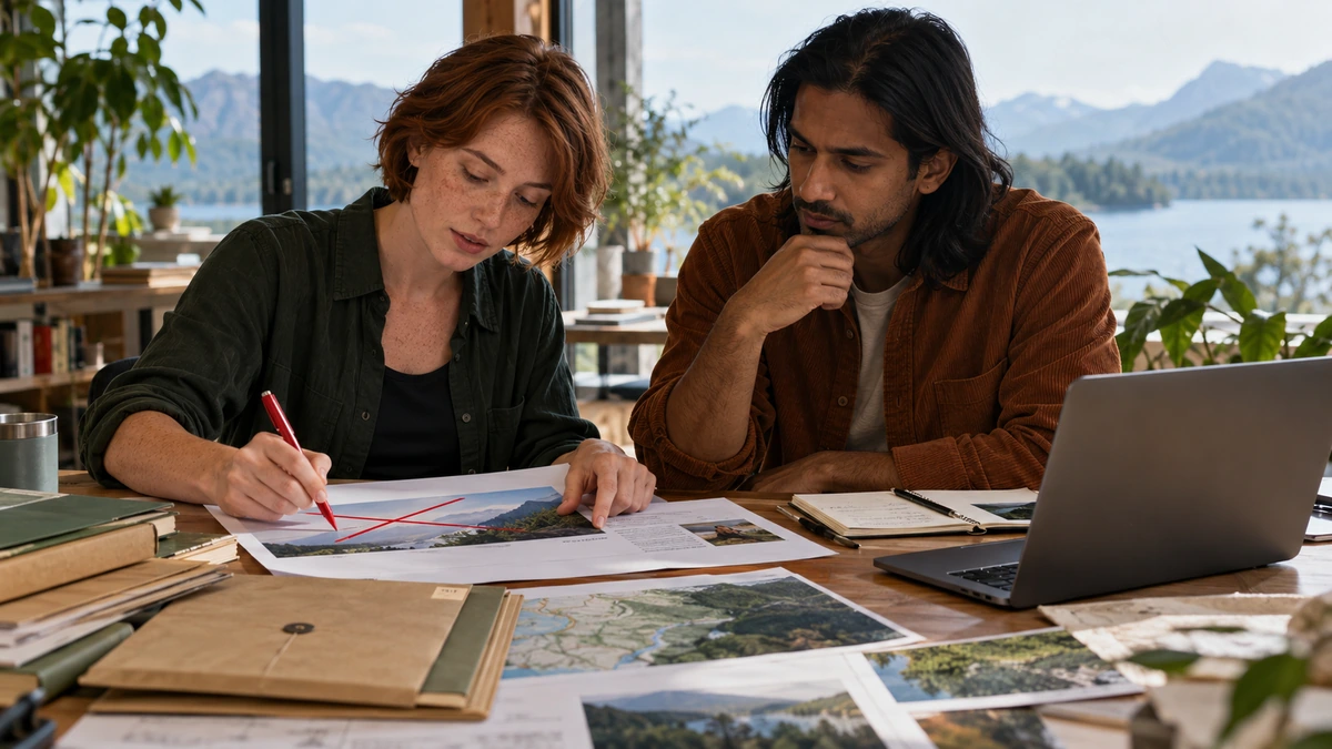 Deux personnes comparent des documents et des calculs sur une table.