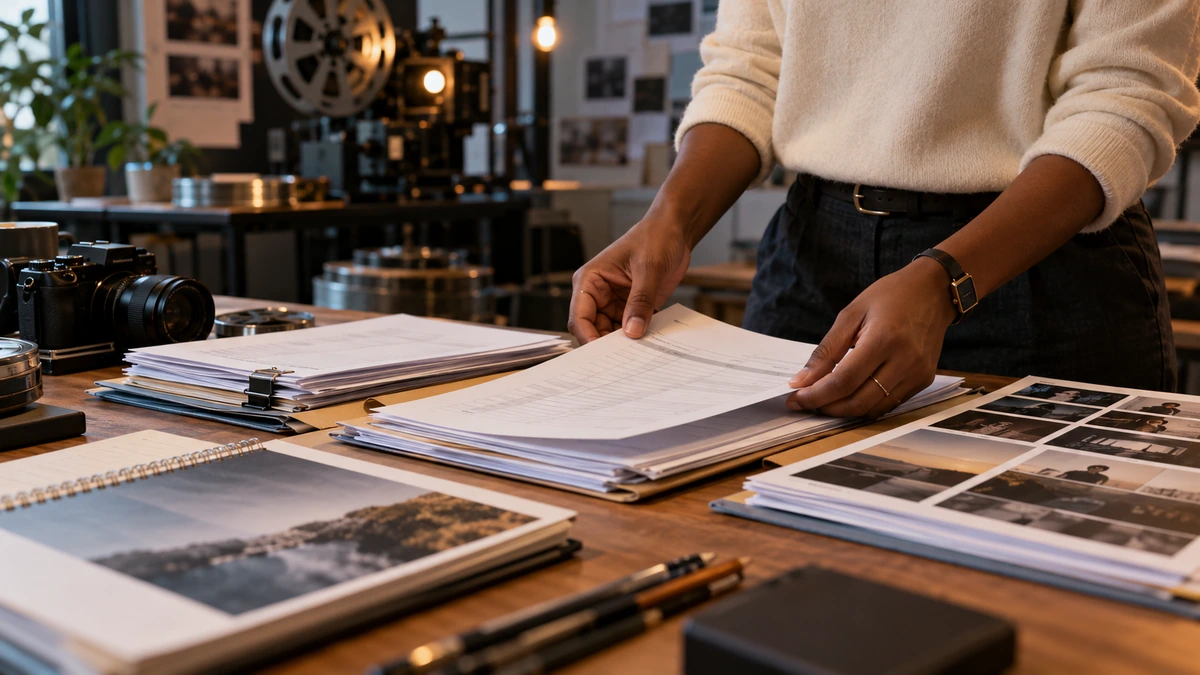 Des mains assemblent les documents et preuves d’un dossier d’écoproduction.
