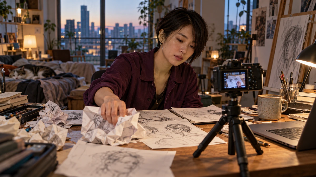 Une créatrice manipule des maquettes de papier au milieu de dessins et de feuilles de travail.