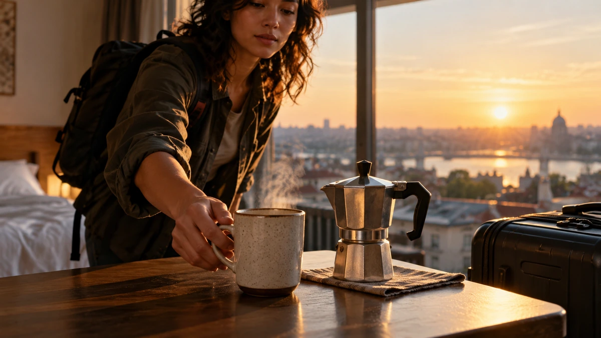 Une personne prépare un café près d’une fenêtre au coucher du soleil.