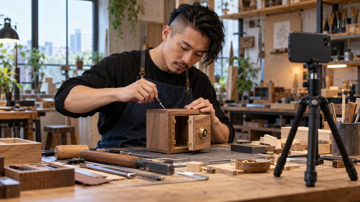 Une personne filme un artisan qui travaille un objet en bois.