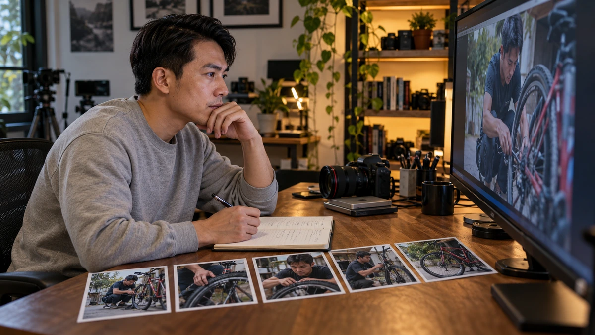 Un monteur compare des plans sur son écran avec des photographies posées sur la table.