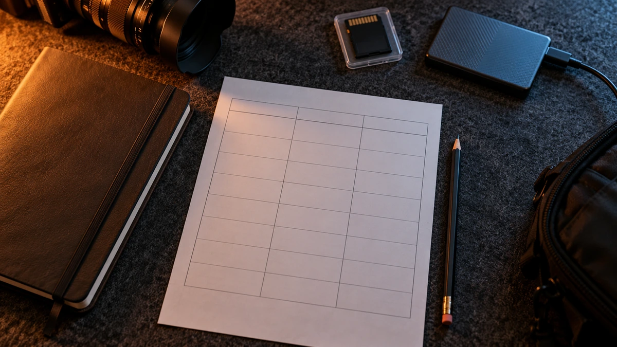 Une fiche de dérushage est posée à côté d’un disque et d’une carte mémoire.