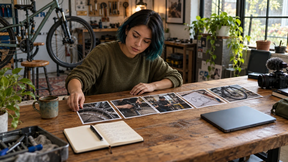 Une créatrice organise des photographies pour construire son récit.