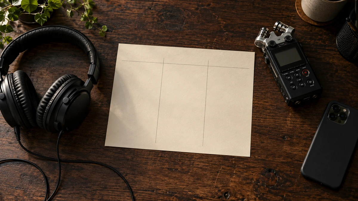 Un casque et un enregistreur sont posés près d’une feuille de travail.