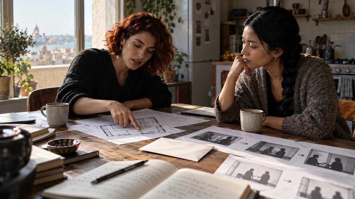 Deux personnes discutent d’intentions photographiques avec des documents de scène.