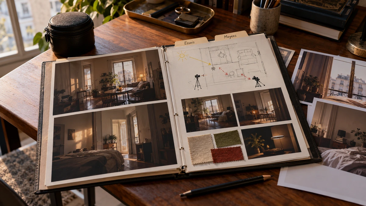 Une bible visuelle rassemble cadres, lumière et références d’image sur une table.
