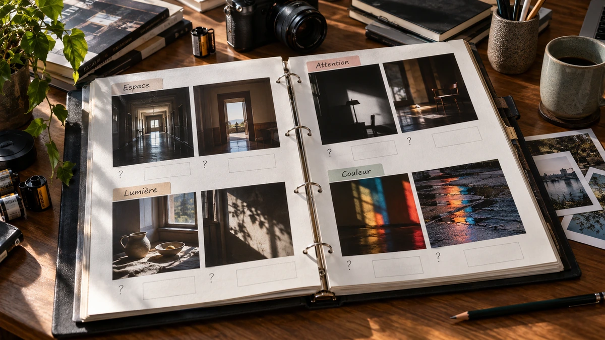 Un carnet ouvert rassemble des photographies annotées à côté d’une caméra.