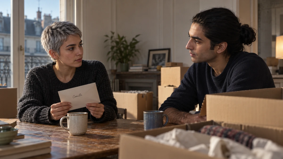 Deux personnes discutent de documents et de photographies à une table.