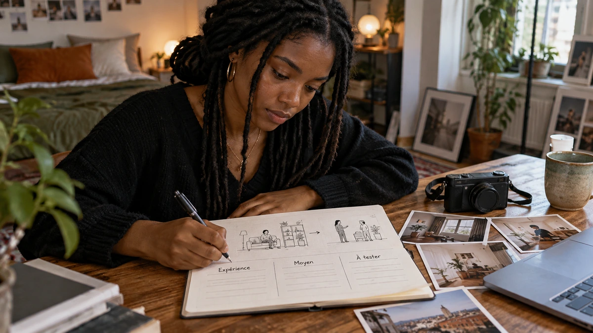 Une autrice dessine et prend des notes dans son carnet de regard.