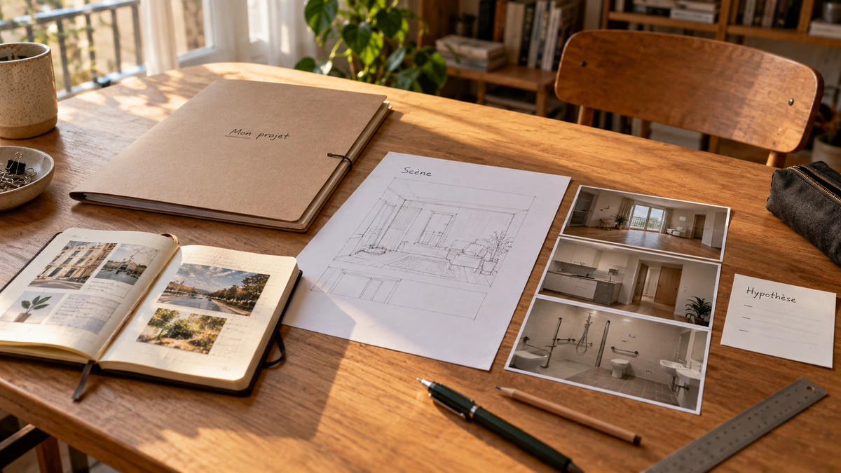 Un carnet, des photographies et une fiche de scène sont préparés sur une table.
