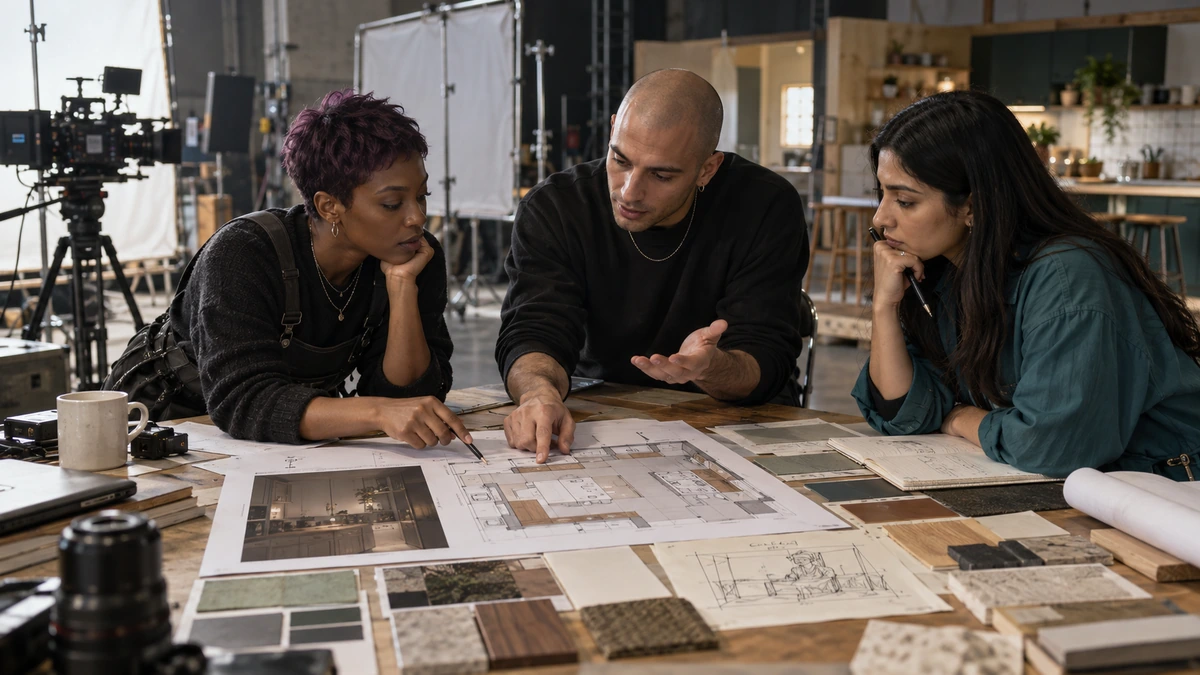 Trois collaborateurs discutent d’une bible et de photographies autour d’une table.