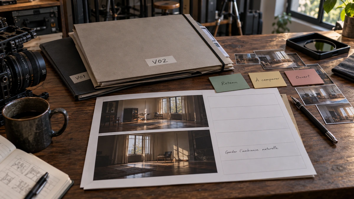 Une fiche d’intention et des photographies de référence sont posées sur une table.