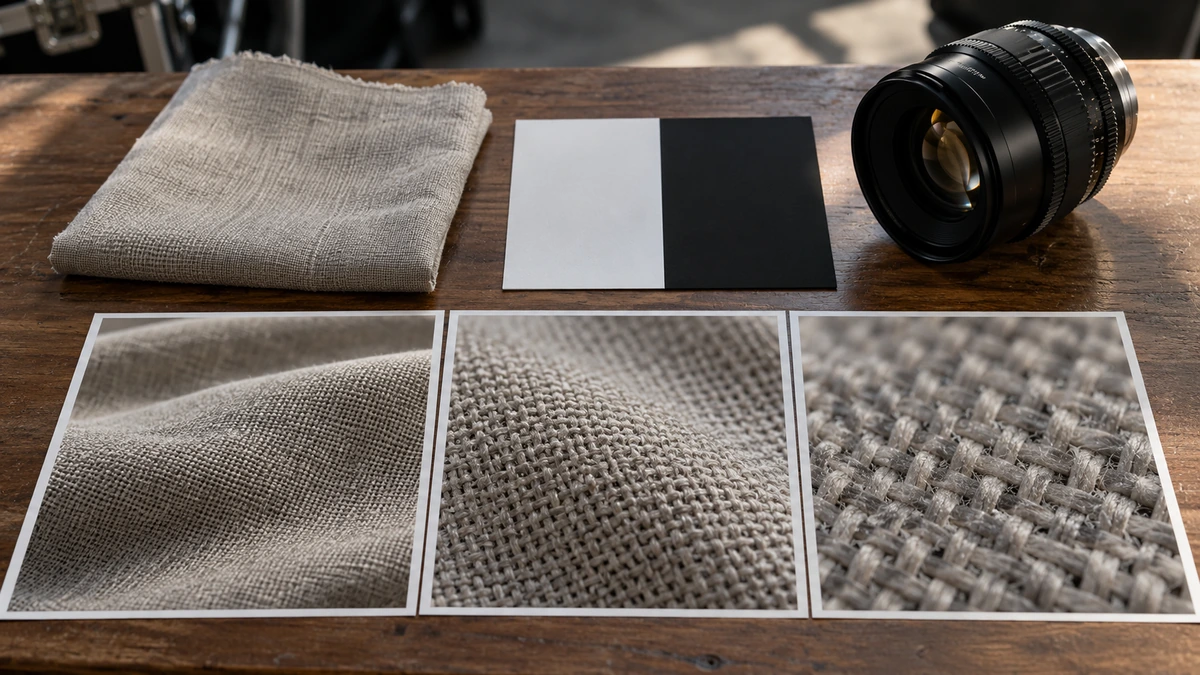 Des tissus, deux références grises et un objectif sont disposés avec des photographies de textures.