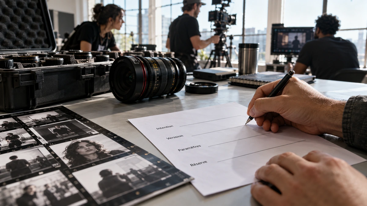 Une personne rédige des notes d’essai près de photographies et d’un objectif.