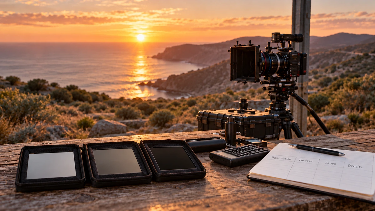 Des filtres, une calculatrice et un carnet de préparation sont posés devant une caméra orientée vers un paysage au soleil bas.