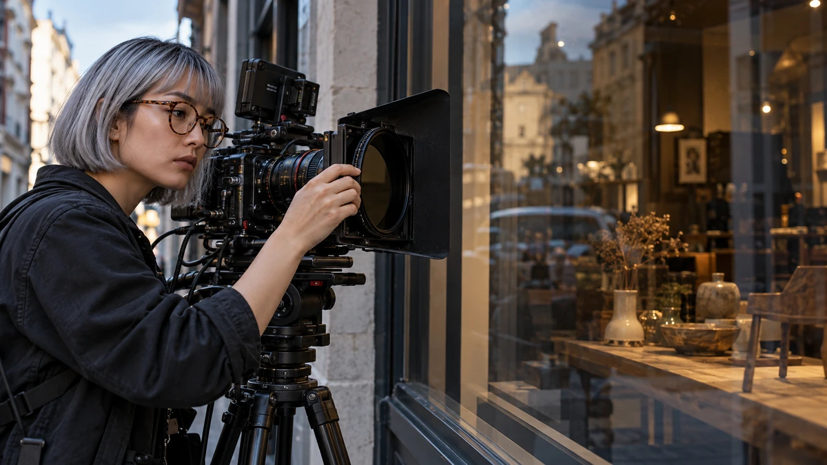 Une opératrice ajuste un filtre devant l’objectif de sa caméra en filmant à travers une vitre.
