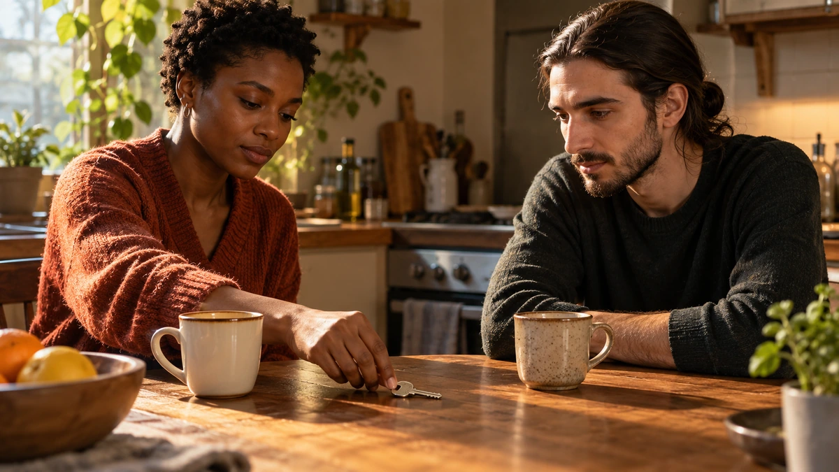 Deux personnes sont assises près d’une fenêtre, avec deux tasses sur une table.