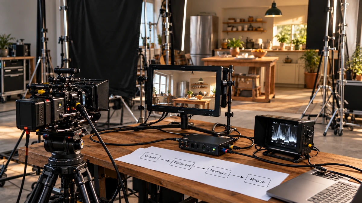 Une caméra, un moniteur et des boîtiers vidéo sont reliés sur une table de tournage.